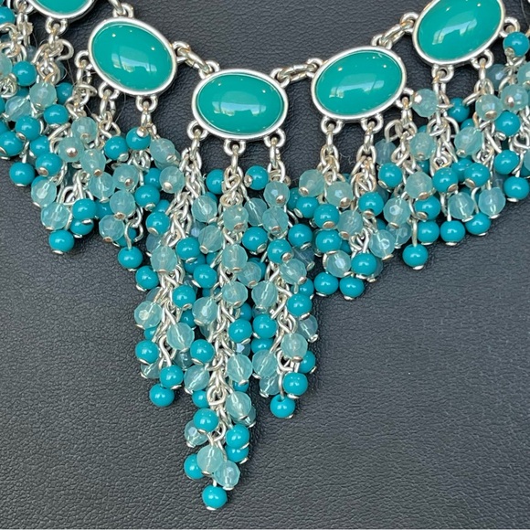 Turquoise color ocean blue dangle beaded statement necklace silver tone 18”-21” - Picture 4 of 6